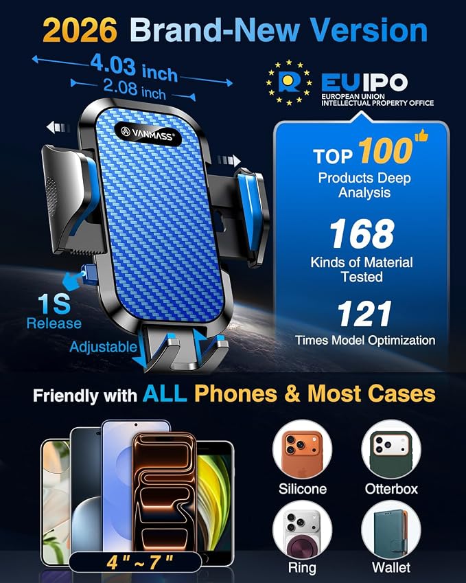 Phone Holders for Your Car Ultimate Military-Grade Car Phone Holder Mount【Patent & Safety Certs】 Upgraded Shockproof Truck Air Vent Phone Mount for iPhone 17 Pro Max 16 Samsung Android,Blue