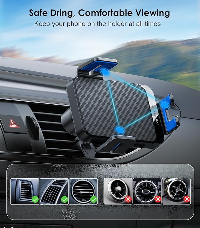 Wireless Car Charger, 15W Fast Charging Auto-Clamping Phone Mount Air Vent Cell Phone Holder Compatible iPhone 15/14/13/13 Pro/12 pro/12/11/X/8, Compatible Galaxy S23/S22/S21/S20, etc Blue