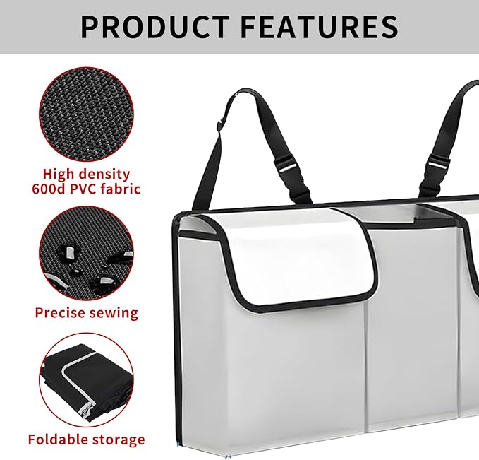 Car Trunk Organizer, Backseat Hanging Large Storage with Adjustable Straps,Waterproof PVC Collapsible Cargo Bag, Car Interior Accessories for Auto SUV MPV (White)