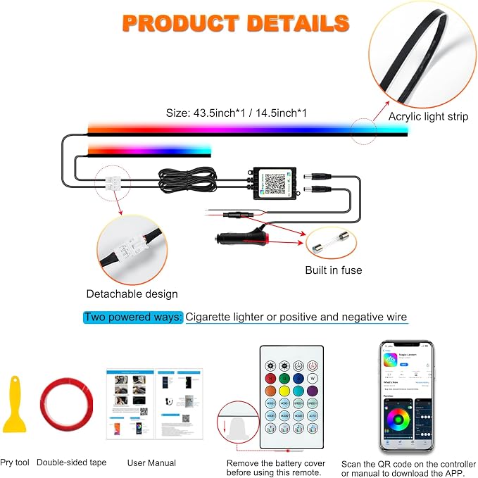 Interior Car LED Strip Lights, Acrylic LED Lights for Car with Dynamic Dreamcolor Chasing, Ambient Lighting Kits Music Sync Wireless APP and RF Remote Control (43.5+14.5'')