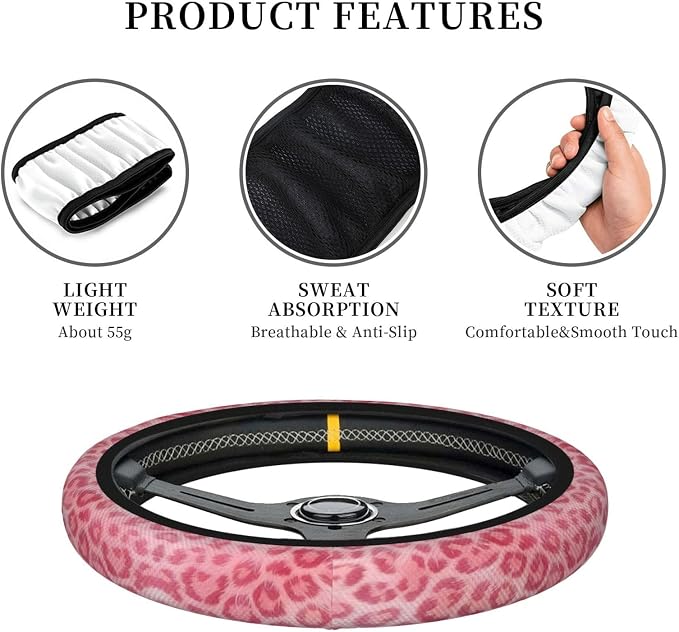 Pink Leopard Steering Wheel Cover - Pink Leopard Steering Wheel Protector Neoprene 15Inch Car Accessories 2 Pcs Car Coasters for Women Men