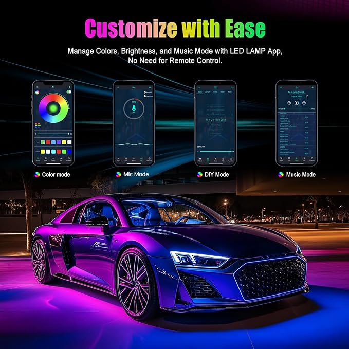 Car Interior Lights, 12V LED Strip Lights with Charger Adapter, Ambient Car Lighting Kit, App & Remote Control Music Sync Color Change Strip Lights for SUVs & Trucks, Car Accessories for Women Men