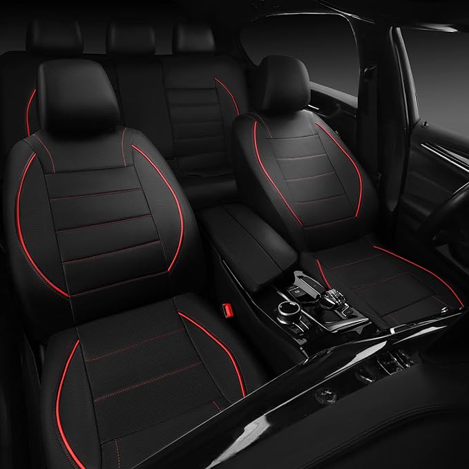 Universal FIT Piping Leather Two Front Seat Covers, Waterproof Faux Leather for SUV Sedan Van Truck, Airbag Compatible,Reserved Opening Holes for Headrest Covers. (Black red)