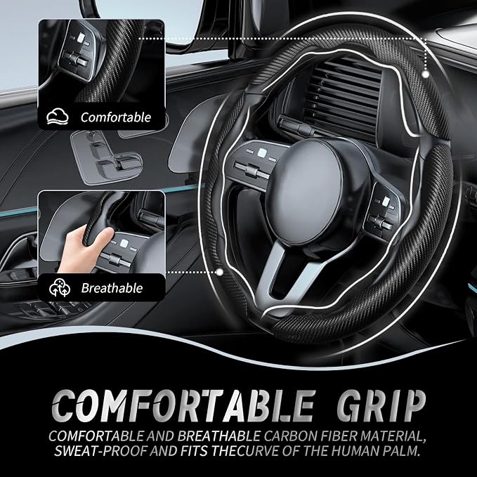 3pcs Car Steering Wheel Cover,Anti-Skid Carbon Fiber Steering Wheel Protector for Men Women,Multiple Color Options,Universal for Most Car Interiors Accessories (Black 3PCS)
