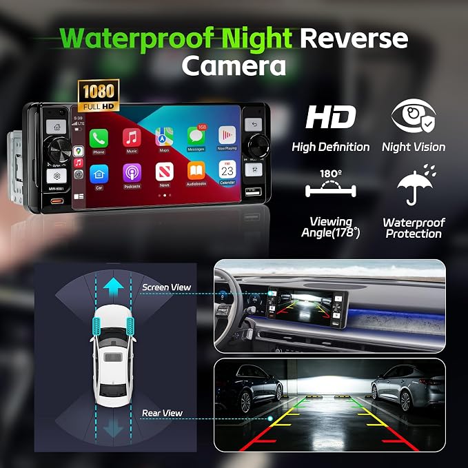 Single Din Radio Car Stereo with Wireless Apple Carplay & Android Auto, 5.7" IPS Touchscreen Car Stereo with Bluetooth 1080P Backup Camera Mirror Link Navigation Type-C Fast Chaging USB FM/AM EQ Mic