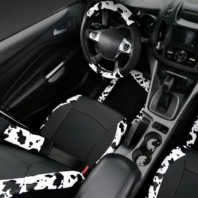 Cow Print Car Accessories Sets Faux Leather Car Seat Covers & Cow Car Mats & Cow Steering Wheel Cover Seat Belt Pads Universal fit for SUV,Van,Saden,Truck Cute Automobile Interior Sets Women
