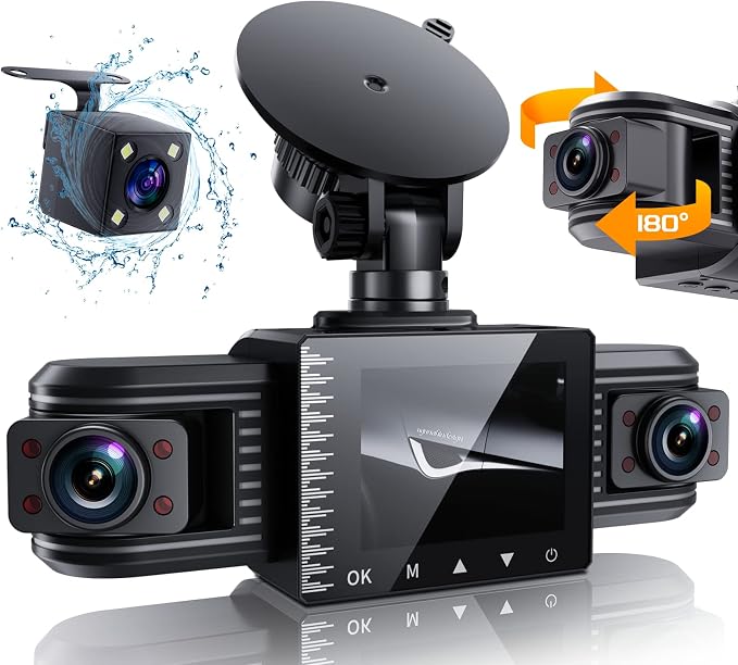 T1-pro Dash Cam Front and Rear Inside 3 Channel 1080P, Adjustable Lens Dash Camera for Cars with 8 IR Lamps Night Vision, Three Ways Triple Car Camera, Loop Recording, G-Sensor, Parking Monitor