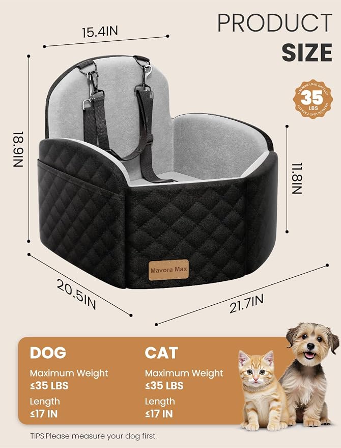Dog Car Seat for Small/Medium Dogs, Memory Foam Puppy Car Seat Elevated Dog Booster Seat Up to 35 lbs, Fully Detachable Washable, Travel Safety Pet Seat with Storage Pockets (Black/Grey)
