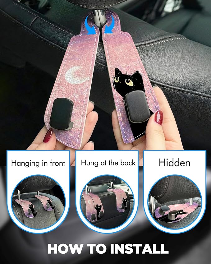 Purse Holder for Car, 2 Pack Heavy Duty Purse Hanger for Car, PU Leather Car Seat Hooks for Purses and Bags, Cute Pink Starry Sky Cat Headrest Organizer for Handbags & Backpacks