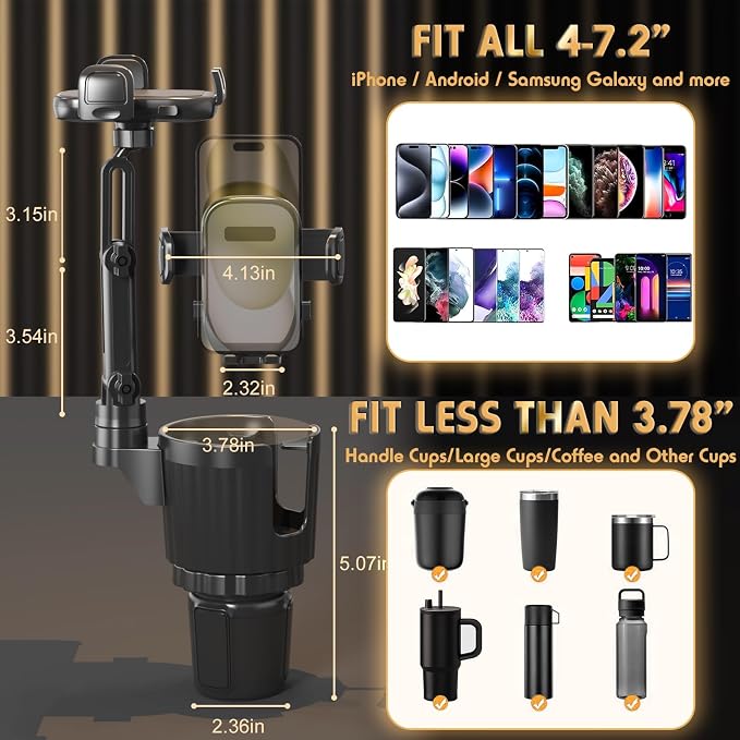 Phone Holders for Your Car, 2 in 1 Universal Cup Holder Expander Adjustable Base with Phone Mount, Long Arm with 360°Rotation Cup Holder Phones Mount for Car Compatible with All Smartphones
