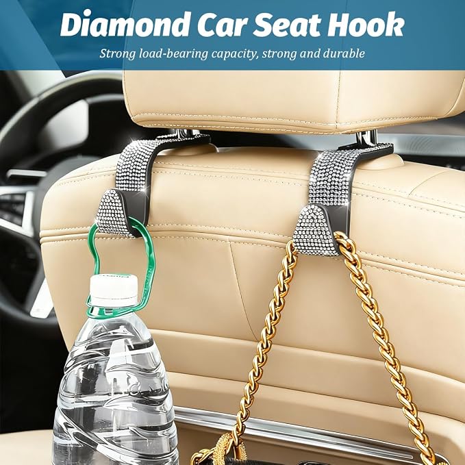 Zpana 4PCS Bling Car Seat Headrest Hooks, Vehicle Back Seat Purse Handbag Hanging Holder with Crystal Rhinestone, Diamond Storage Organizer Hook, Universal Automotive Accessories (Black/AB)