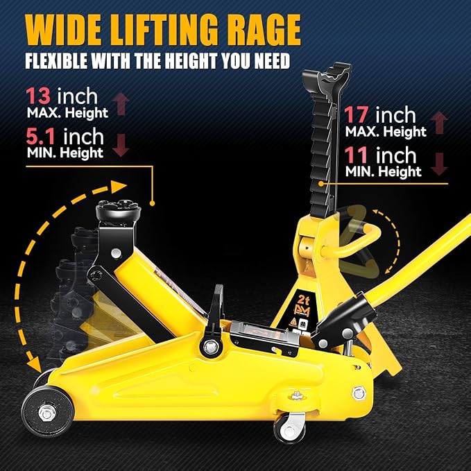 2 Ton Floor Jack with Jack Stands, Heavy Duty Steel Hydraulic Racing Floor Jack with Single Piston Quick Lift Pump, Hydraulic Trolley Service Car Jack, Yellow