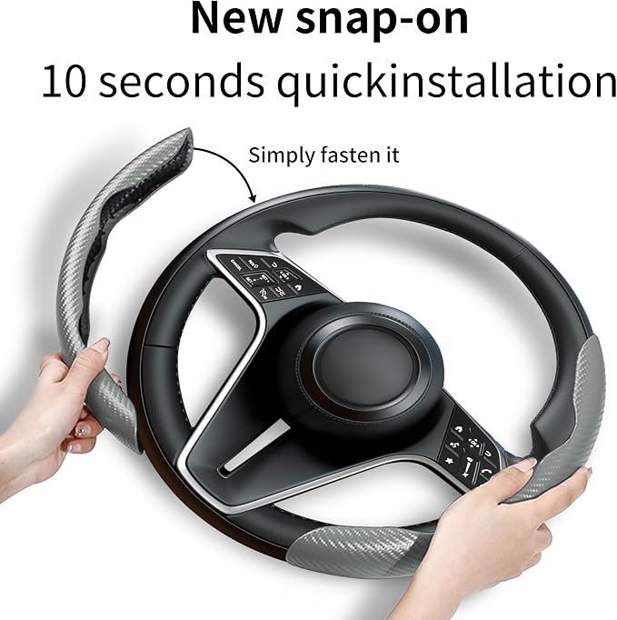 2Pc Carbon Fiber Steering Wheel Cover Universal Fit 99% Cars | Non-slip soft grip, easy to wipe clean, quick to install, perfect for daily commutes and road trips, Gray