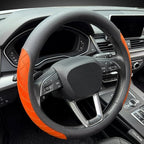 Nappa Leather Steering Wheel Cover, Diamond Checkered Design, Non-Slip wear-Resistant, Enhance Driving Comfort, Suitable for Steering Wheel Diameter 14 1/2‘-15’ Models.Black Orange