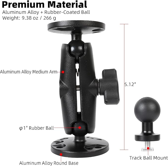 Aluminum Kayak 1" Ball Mount for Garmin Striker 4 / Plus 4 / Vivid 4cv, Fish Finder Mount with Round Plates & T-Bolt Track Base, Medium Arm Marine Electronic Holder Compatible with Lowrance, Raymarine