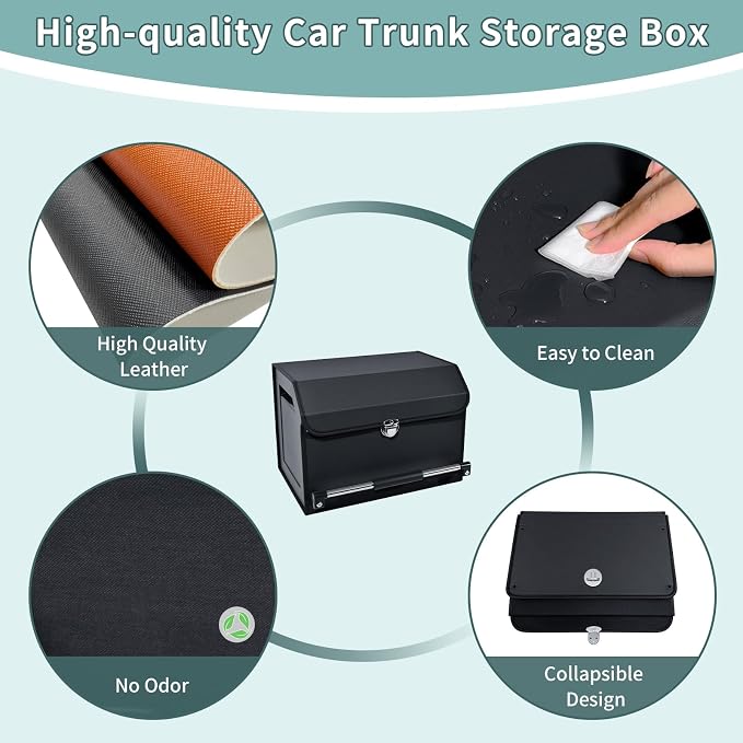 Car Trunk Organizer, Leather Trunk Organizer with Lid and Push-pull Handle Car Storage Box for SUV, Minivan, Sedan (Black, 16.9 x 11.4 x 12.2in)