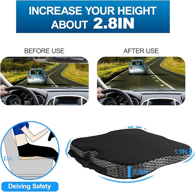 Car Seat Cushion for Driving,Premium Memory Foam Car Cushion for Better Visibility, Non-Slip Hip & Lower Back Tailbone Cushion, Car Seat Cushion Driver Booster for Short People, Truck(Black