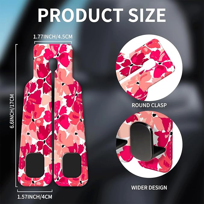 Car Seat Headrest Hook, Universal Leather Cute Hanger Holder Hook, Storage Organizer Interior Accessories for Purse Bags Handbag Cute Pink Flowers