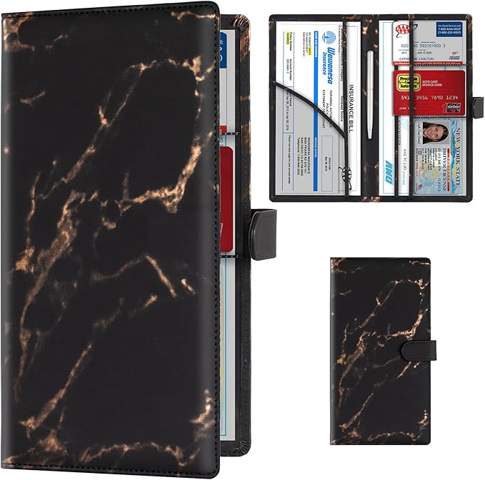Car Registration and Insurance Card Holder, Vehicle License Document Glove Box Compartment Organizer, Interior Car Accessories for Women Men (Marble Black)