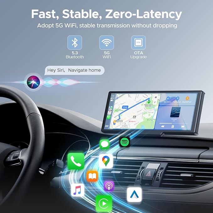 9.26'' Carplay Screen with 2.5K Dash Cam and 1080P Backup Camera | Portable Wireless Car Play Android Auto, Upgrade Navigation, Mirror Link, Voice Control, Hands-Free for iOS 11+ Android 11+