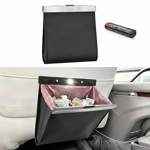 Car Trash Can with Smart LED Light, Magnetic Closure Leather Car Trash Bin, Cars Garbage Organizer and Storage with Automotive Trashs Bag for Backseat Console Door Suvs, Leak Proof Odor Lock