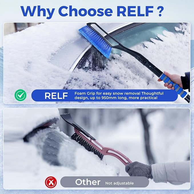 RELF 2-in-1 Snow Brush and Ice Scraper - Extendable & Durable for Car Windshield and Roof Cleaning