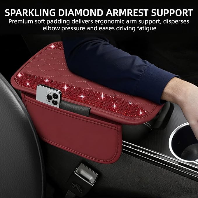 Bling Burgundy Red Car Center Console Cover, Leather Car Arm Rest Cover with 2 Storage Bags, Universal Auto Armrest Protector Storage Box, Bling Accessories Interior for Most Vehicles
