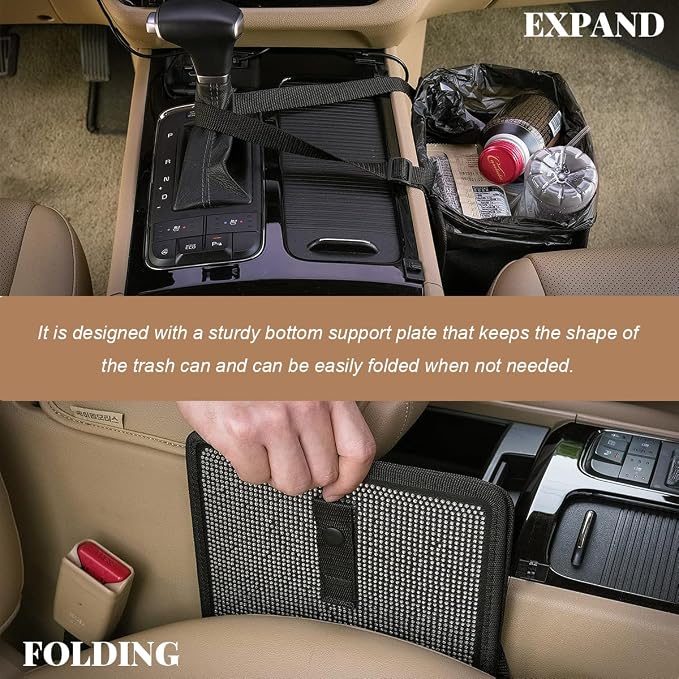 Car Trash Can, Bling Rhinestone Crystal Waterproof Hanging Garbage Bag for Car Interior, Oxford Leakproof Foldable Waste Organizer Trash Bin Universal for Most Vehicles (Black)