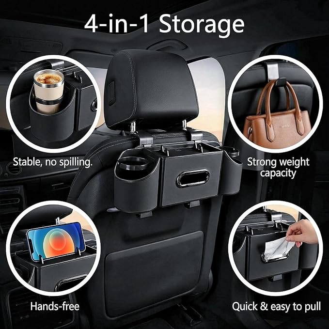 Car Seat Back Organizer with Headrest Hooks, Premium Nappa Leather Backseat Storage Pockets for Match Day Tailgating, Space Saving Auto Interior Travel Accessories Holder Fits Most Vehicles (Black)
