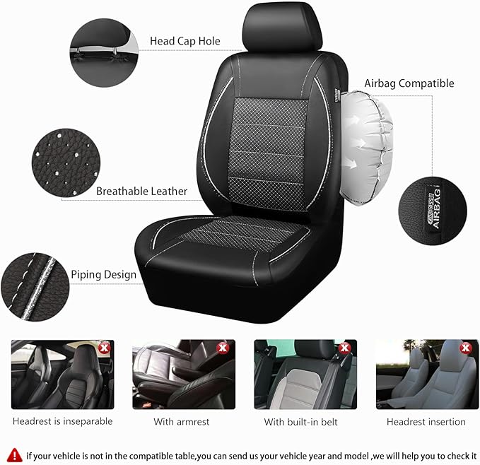 Piping PU Leather Car Seat Cover Full Set, Inside Zipper Design and Reserved Opening Holes, Airbag Compatible,Universal FIT for Car, SUVs,Van,Trucks（Full Set, Black & Silver