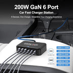200W Car Fast Charging Station,6 Ports, Compatible with MacBook pro/Air/M5 M4 M3 M2 M1/Dell/Lenovo/HP,for iPhone 17/16/15 Series,Samsung Galaxy S26/S25 Ultra/S24 Series and More