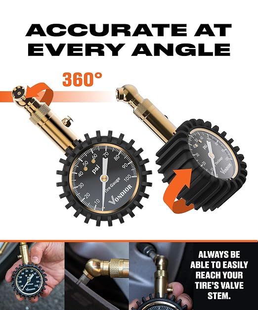 Tire Pressure Gauge (0-100 PSI) Certified ANSI Accurate with Large 2 Inch Easy to Read Glow Dial, Low - High Air Pressure Gauge. Tire Gauge for Car and Trucks Tires