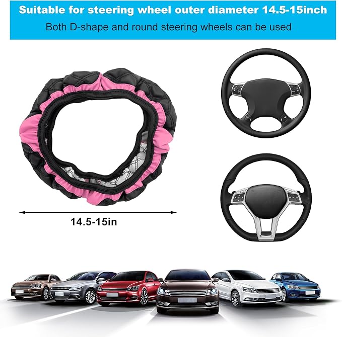 Car Steering Wheel Cover, 15 Inches Non-Slip Leather Steering Wheel Protector, Universal Soft Cover Mats for Car Truck SUV, Interior Car Accessories (Pink)