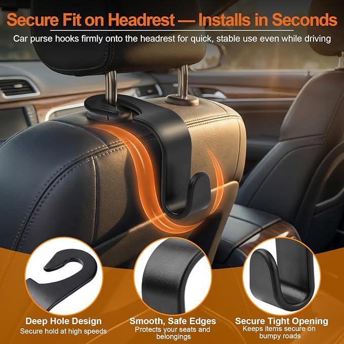 Purse Hook for Car 4 Pack, Deep Anti-Drop Car Seat Hooks for Headrest, Thick ABS Plastic Holds 55 Lbs, Heavy Duty Car Purse Holder & Car Accessories Interior for Handbags, Car Organizer Black