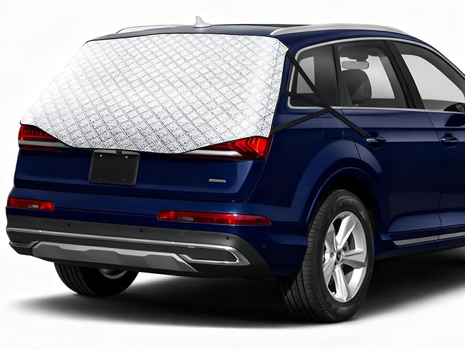Rear Windshield Cover for SUVs, 4-Layer Protection Back Window Snow Covers Protector to Reduce Scraping, Winter Car Windshield Frost Cover for Ice and Snow with Secure Hooks for Snug Fit