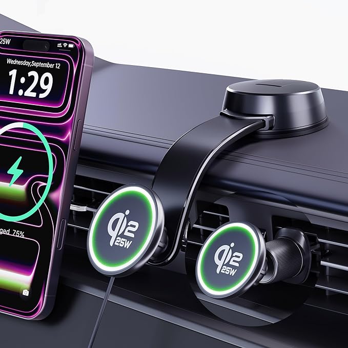 Upgrade [for Qi2.2-Certified] 25W for MagSafe Wireless Car Charger Mount, 2XFast Charging[90+LBS Safe Suction] Magnetic Phone Holder Dashboard Windshield for iPhone 17/16/15/14/13/12 Pro Max,Inky