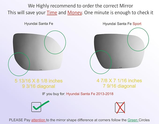 Passenger Side Mirror Glass Compatible with Hyundai Santa Fe Santa Fe XL | Compatible with Hyundai Santa Fe 2013-2018, Santa Fe XL 2019 Heated