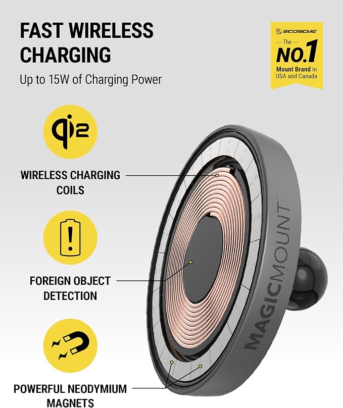 MagicMount Charge Pro Qi2 Fast Wireless Charging MagSafe Car Mount Charger, 15W Magnetic Cell Phone Holder for Car Dashboard/Windshield Compatible with iPhone 16/15/14/13/12 Pro Max Plus, S25
