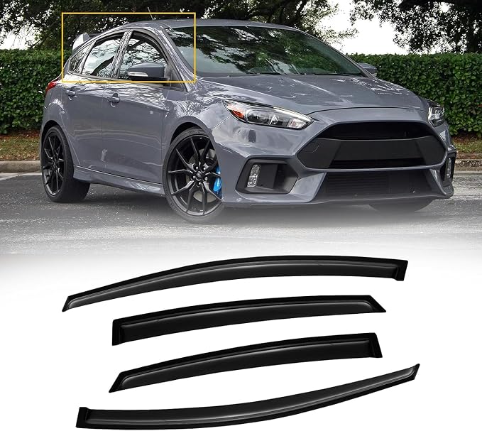 Rain Guards for 2012-2018 Ford Focus Sedan & Hatchback (Not fit rs), Out-Channel Window Visor Shields Vent Deflector Shade Wind Dark Smoke 2013 2014 2015 2016 2017 12 13 14 15 16, Outside-Mount, 4PCS