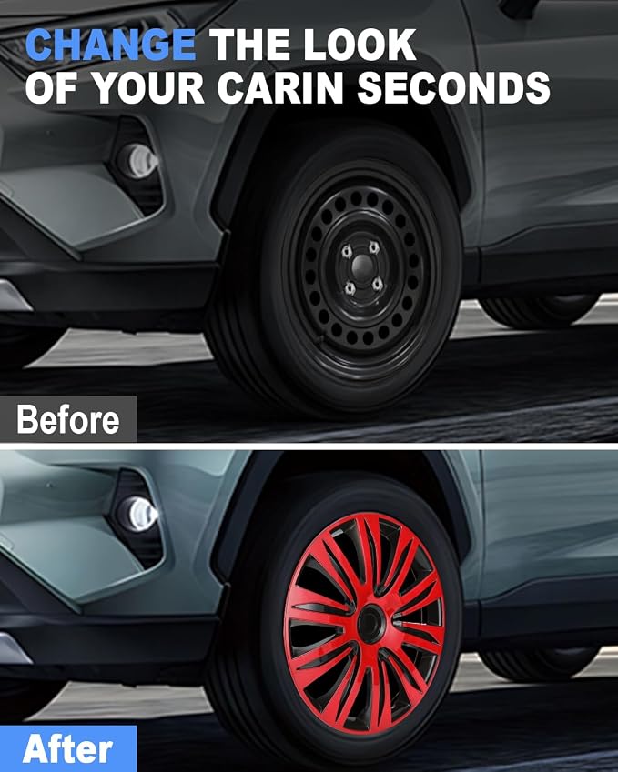 Hubcap Wheel Covers Hub Caps 16 Inch Set of 4 Black & Red Universal Wheel Rim Cover R16 Stylish Car Decor Wheel Covers