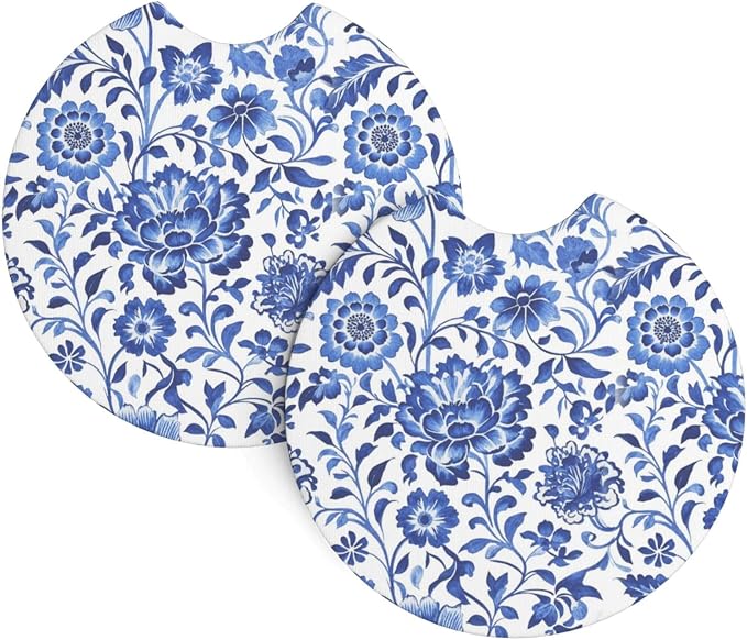 Blue Flower Steering Wheel Cover - 15 Inch Blue Floral Steering Wheel Cover Anti-Slip Breathable Universal 2 Pcs Car Interior Cup Holder Pad for Men Women