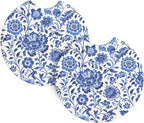 Blue Flower Steering Wheel Cover - 15 Inch Blue Floral Steering Wheel Cover Anti-Slip Breathable Universal 2 Pcs Car Interior Cup Holder Pad for Men Women