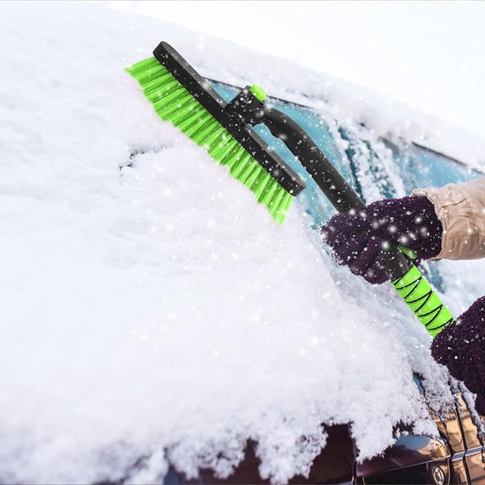 Snow Brush with Ice Scraper 33 inch, 2 in 1 Extendable Snow Removal for Cars with Foam Grip and 360° Pivoting Brush Head, Heavy Duty Snow Cleaner for Auto Truck SUV