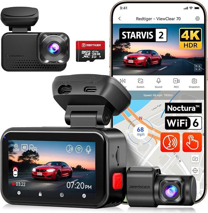 VC70 4K+2.5K Dash Cam Front and Rear, 8MP STARVIS 2 IMX678 Sensor, Dual HDR Hyper Night Clarity, 5.8GHz WiFi 6, 30MB/S Fast Download, Dash Camera with 24H Parking Monitor, 128G Card Included