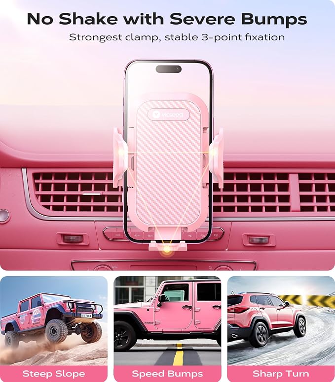 Ultra Stable Pink Phone Holders for Your Car [Never Fall Off & Break] Universal Vent Cell Phone Mount for Car Easy Clamp Automobile Cradle for iPhone 17 Pro Max 16 15 14 Car Accessories Women