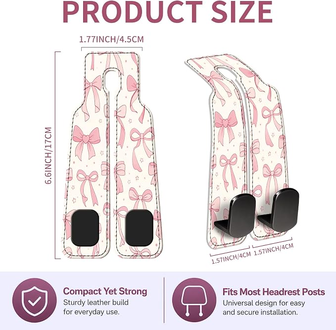 Car Seat Back Storage Hook, Funny Car Purse Hook, Cute Vehicle Storage Organizer for Purses Handbags Pink Star Bowtie