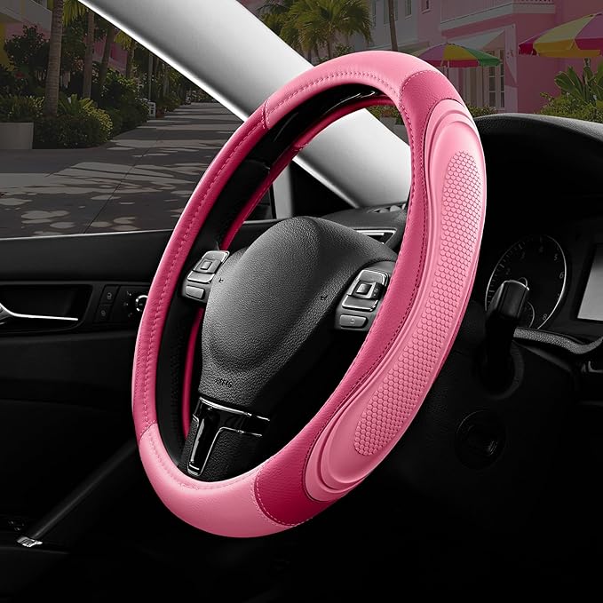 Car Steering Wheel Cover - Microfiber Leather Steering Wheel Wrap Sports 14.5-15 Inch Steering Wheel Cover Non-Slip for Men Women Pink & HotPink Color
