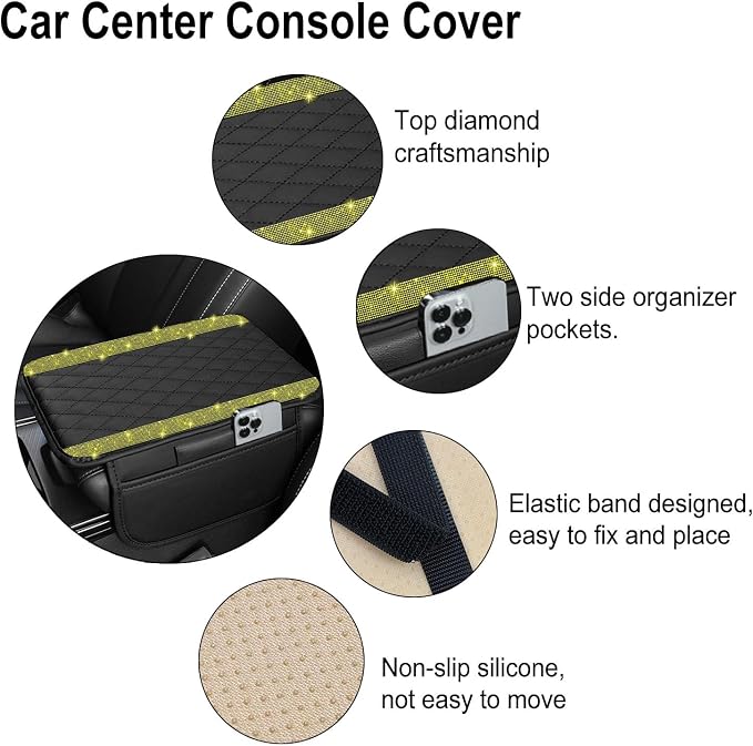 Bling Car Center Console Cover, Leather Car Arm Rest Cover Cushion with 2 Storage Bags, Universal Auto Armrest Protector Storage Box, Bling Accessories Interior for Most Vehicles (Yellow)