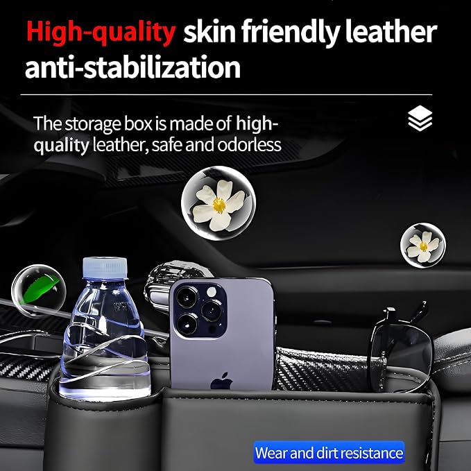 Car Seat Gap Filler Organizer, Universal Premium Leather Seat Organizer with Cup Holder, Seat Gap Storage Box with Bottle Holder, Car Gap Bag Front Center Console Seat (Driver+Passenger 2 Pack)