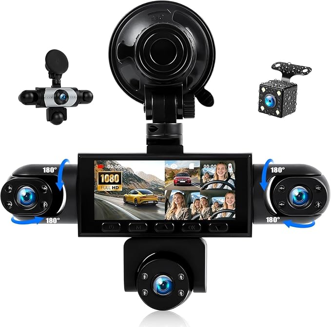 5 Channel Dash Cam 360°Wide Angle Dash Camera for Cars 1080P with Loop Recording Night Vision Reversing Help 3.16-inch Dash Cam Front and Rear